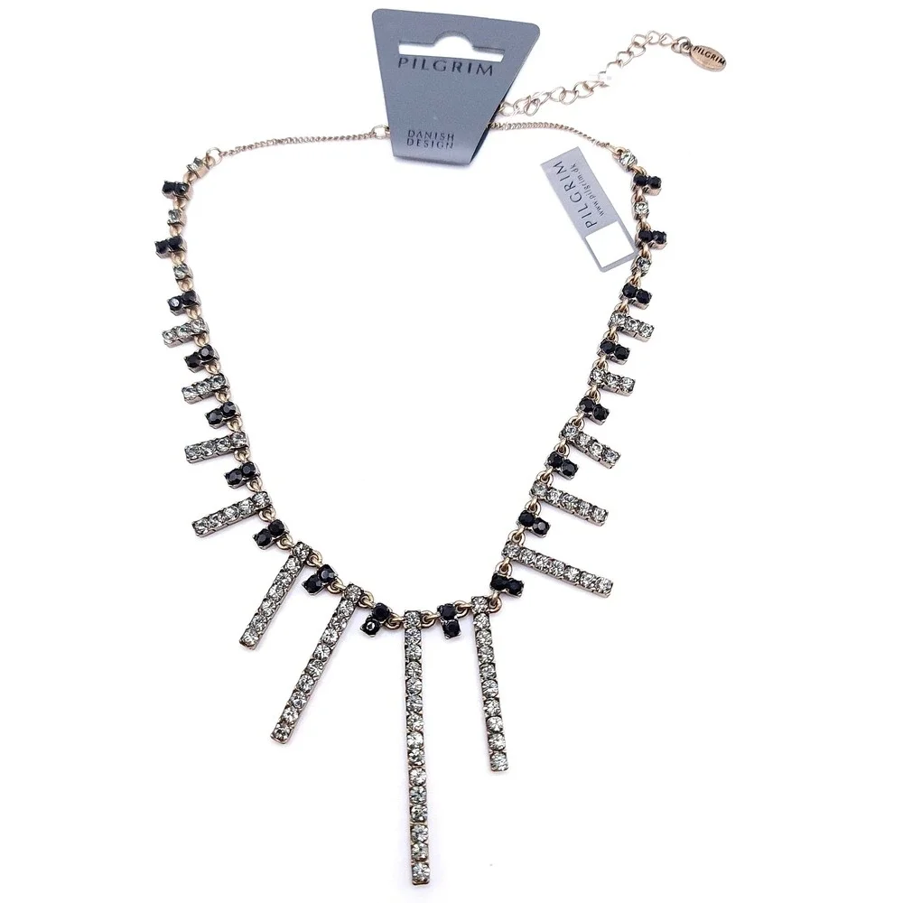 Pilgrim Fringe Bib Necklace Gold Tone Black‎ Clear Swarovski Crystal Statement